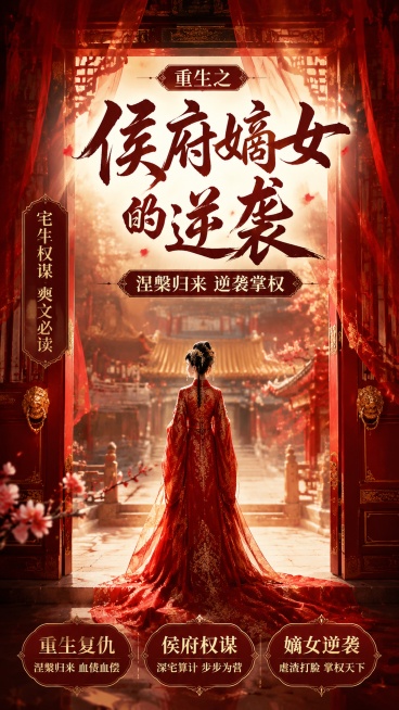 古风国风宫廷背景，整体为写实商业摄影风格，设计一张小说主页海报，主题为重生复仇爽文。主视觉营造侯府深宅氛围感，红金配色，朱红色宫门搭配朦胧纱帘，中心突出大标题。主标题文字"重生之侯府嫡女的逆袭"，副标预览效果