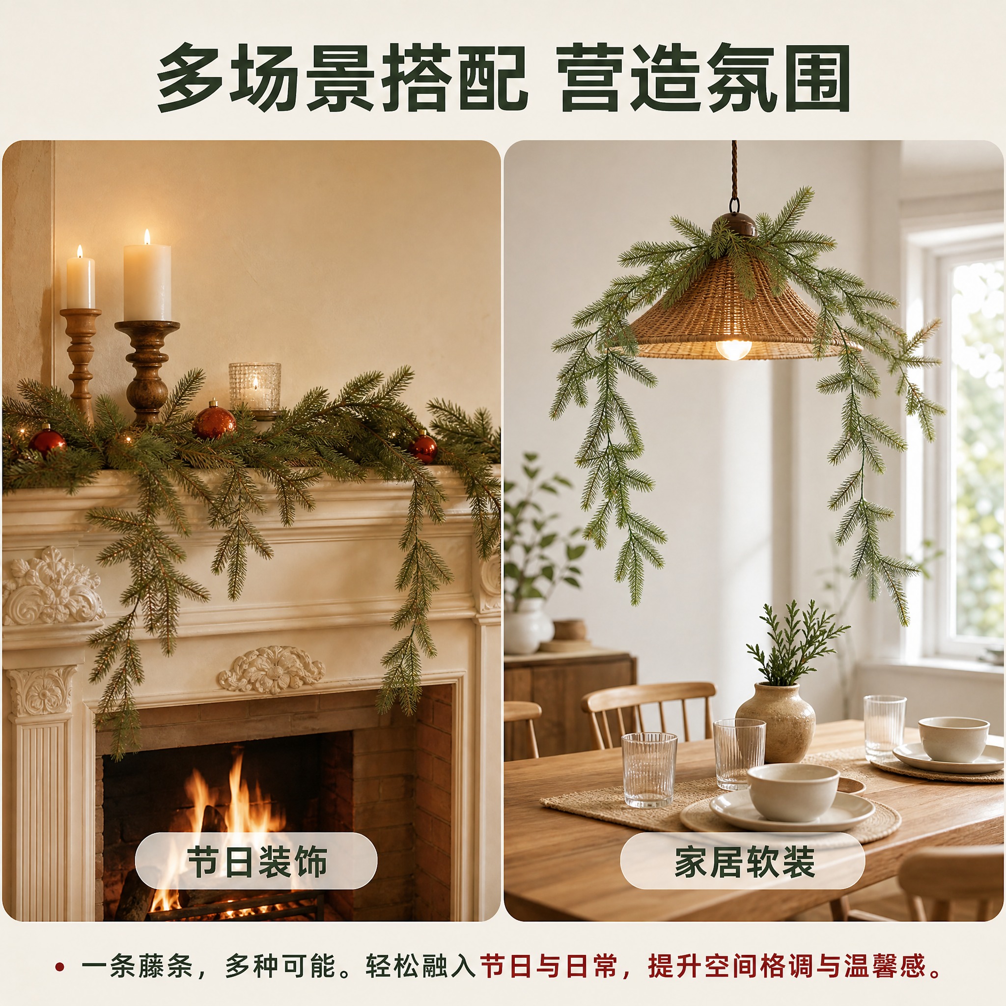 [主图-3] 风格搭配与陈列关系，展示仿真松针藤条在不同家居场… - 图片创意预览