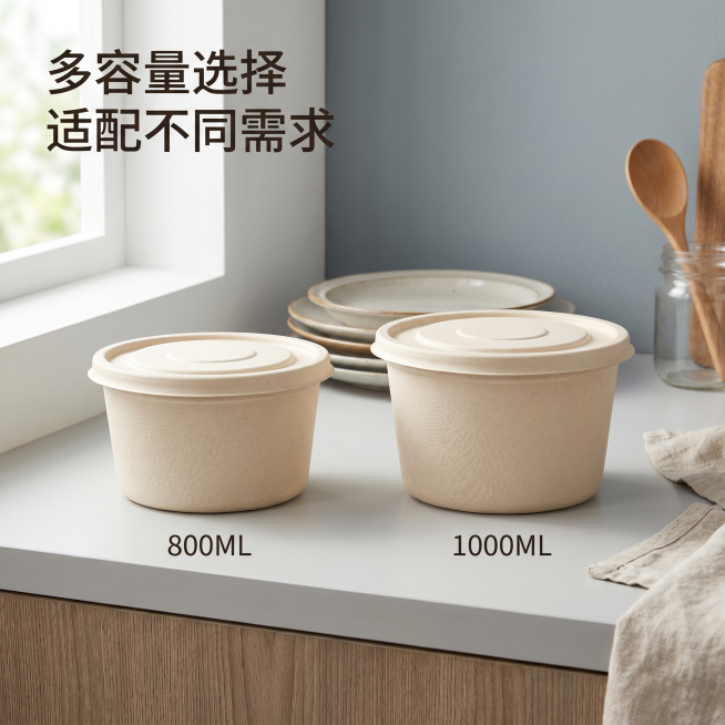 [主图 4] 玉米餐盒多规格场景展示，氛围风格：真实家庭餐厨场景，生活化自然氛围，画质：商业摄影质感，光线自然通透，产品清晰真实，画面干净高级，元素：展示800ml和1000ml两种规格圆碗餐盒并排摆预览效果
