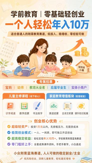 创业招募引流海报，风格温馨治愈、专业靠谱、简约高级、接地气，无复杂花哨元素。精准适配宝妈、幼师、教培从业者、应届毕业生、实体小商户五类人群。主打刚需儿童教育+低风险轻创业双核心卖点，突出低投入、零门槛预览效果