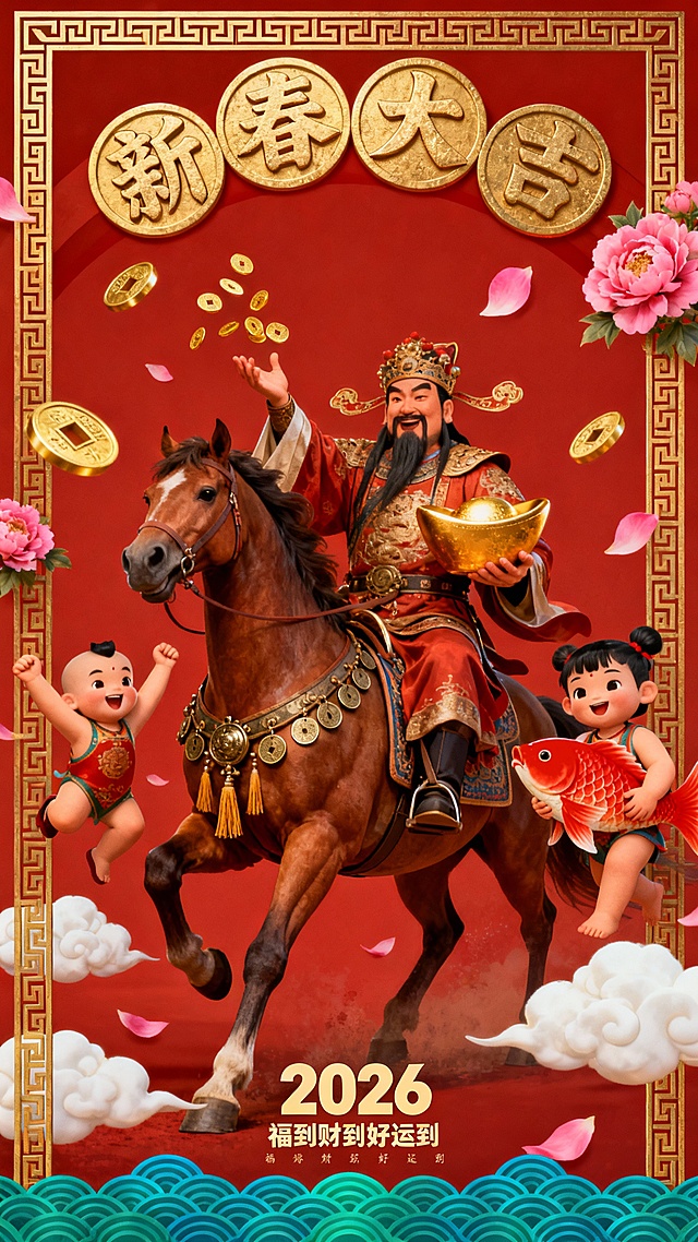 国潮风融合3D重拟物与卡通感，鎏金浮雕边框衬托喜庆中式场景，财神骑马携童子迎春，祥云金币纷飞，尽显新春大吉之韵。