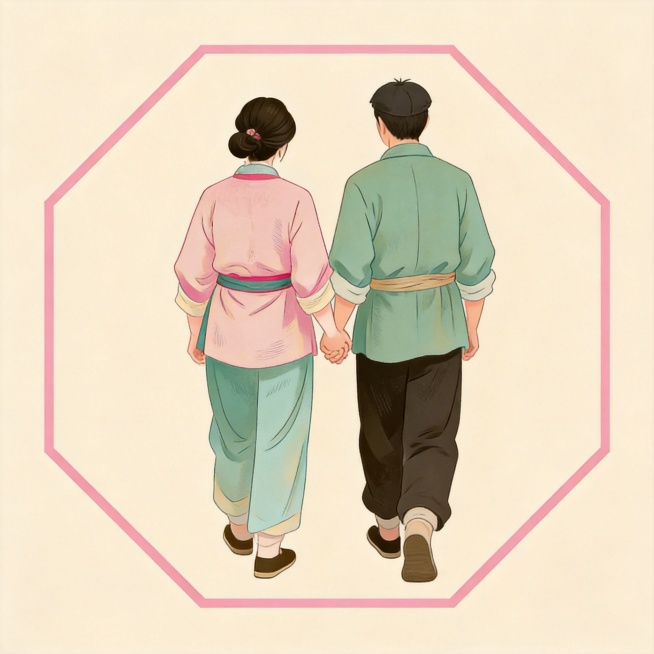 参考参考图的国风机插画风格，细腻线条，粉绿浅暖配色，新中式国潮画风。绘制一对卖窑鸡的夫妻，衣着朴素，手牵手的背影，整体画面放在一个正六边形内部，去除所有文字，保留干净的浅米色背景，和参考图风格完全一致预览效果