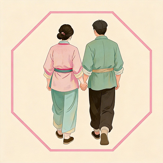 参考参考图的国风机插画风格，细腻线条，粉绿浅暖配色，新中式国潮画风。绘制一对卖窑鸡的夫妻，衣着朴素，手牵手的背影，整体画面放在一个正六边形内部，去除所有文字，保留干净的浅米色背景，和参考图风格完全一致。