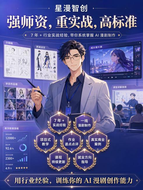 3:4竖版机构实力宣传设计稿，平面无透视，现代轻科技二次元与高端教育视觉融合，蓝紫渐变主色，金色高光点缀。顶部放置品牌文字"星漫智创"，主标题为"强师资，重实战，高标准"，副标题为"7 年 + 行业实预览效果