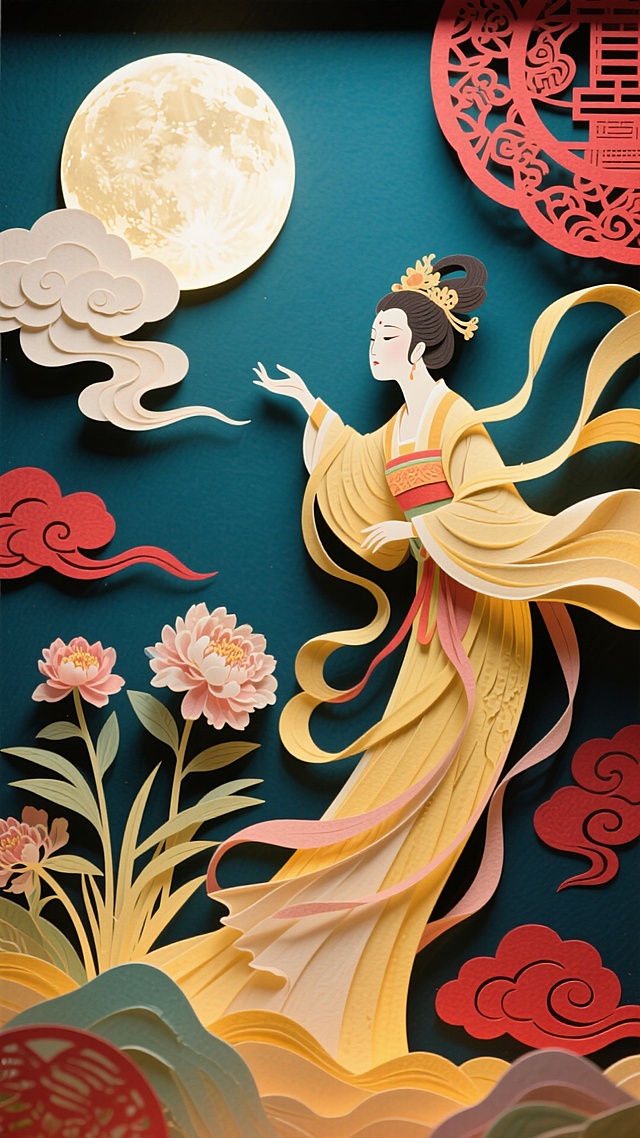 纸艺风格下，嫦娥衣袂飘飘，在满月、祥云、牡丹间舒展身姿，传统剪纸元素点缀，仿若从非遗技艺中走出，尽显中秋神话的唯美雅致