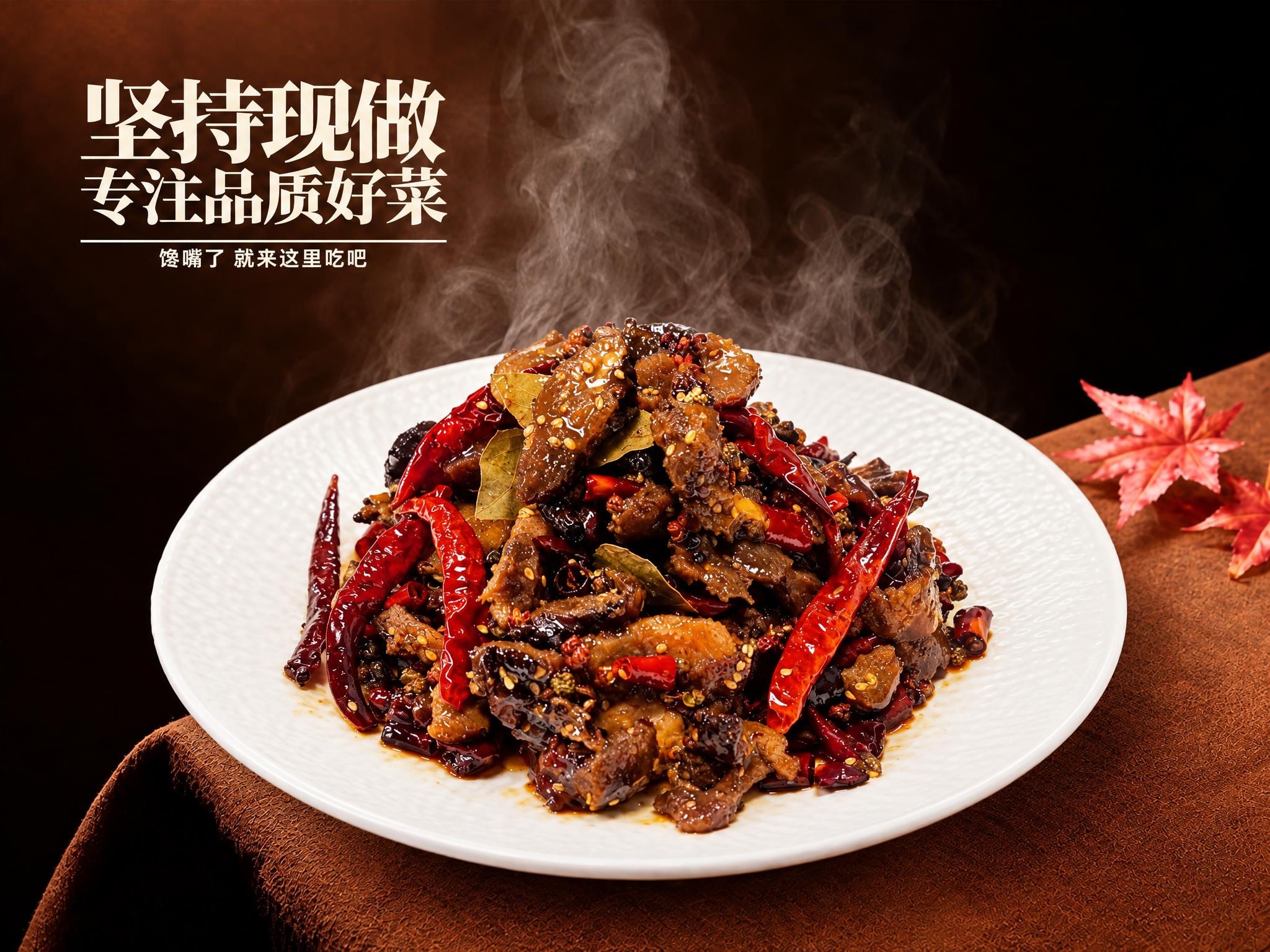 参考第一张图的深棕渐变暗调美食摄影背景、棕色桌布质感、左上角白… - 图片创意预览
