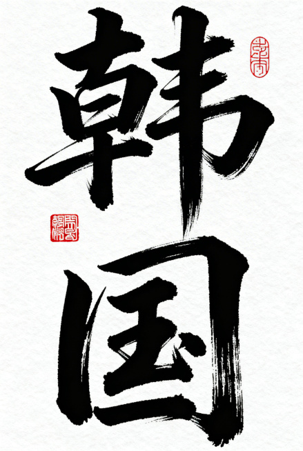 参考图片中潇洒飘逸的行书书法风格，设计汉字“韩国”，横向排版，黑色书法字，白色背景，搭配红色中式印章点缀，国风毛笔书法，连笔自然，笔触张力强，保留书法枯笔效果，字体大气潇洒，版式排版参考参考图预览效果