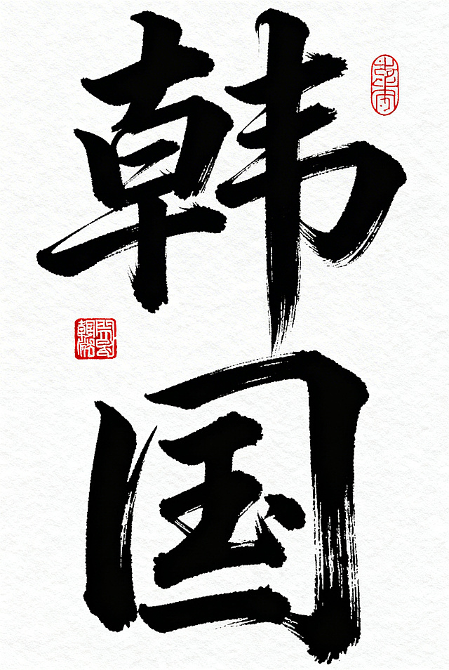 参考图片中潇洒飘逸的行书书法风格，设计汉字“韩国”，横向排版，黑色书法字，白色背景，搭配红色中式印章点缀，国风毛笔书法，连笔自然，笔触张力强，保留书法枯笔效果，字体大气潇洒，版式排版参考参考图