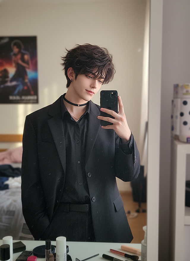 cosplayer真人写实照片，根据该图生成一张现实生活中扮演该角色的写实风格，人物所在的写实场景与原作相对应，人物一只手抬起拿着手机对着镜子正在自拍