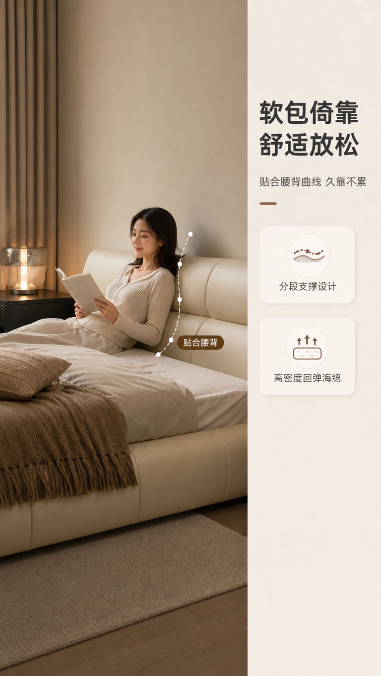[商品] 使用【图1】米白色意式极简落地款围边真皮床；保留床头… - 图片创意预览