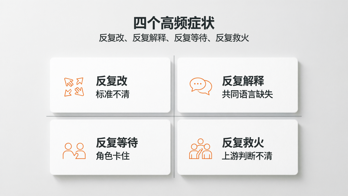 食品消费品信息图，标题“四个高频症状”，副标题“反复改、反复解释、反复等待、反复救火”，标题和副标题在图片最上方居中，标题字体思源黑体Bold，副标题字体思源黑体Normal，文字颜色深灰色#0e16预览效果