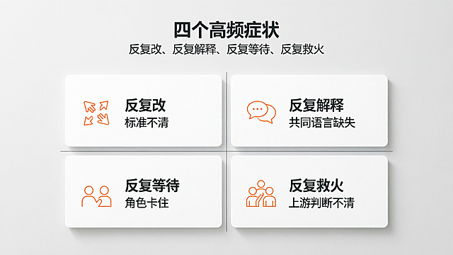 食品消费品信息图，标题“四个高频症状”，副标题“反复改、反复解释、反复等待、反复救火”，标题和副标题在图片最上方居中，标题字体思源黑体Bold，副标题字体思源黑体Normal，文字颜色深灰色#0e1619。版式结构为2×2四宫格，细线分割区块，每格一个症状加一行解释，文字从上到下为：左上格“反复改 标准不清”，右上格“反复解释 共同语言缺失”，左下格“反复等待 角色卡住”，右下格“反复救火 上游判断不清”。内容字体思源黑体Normal，每个区块配有少量简洁图标，呈现立体卡片效果。整体采用克制留白，严格栅格排版。背景颜色浅灰色#f1f2f3，内容文字深灰色#0e1619，搭配少量橙色#ff7d11点缀，按需使用白色。无Logo，无水印，无人像，无复杂纹理背景。