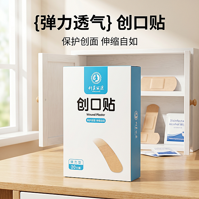 [主图 1] 家庭药箱场景首图，科美丽康弹力创口贴产品展示。[氛围风格] 干净清爽医疗家居场景，自然明亮。[画质] 商业摄影质感、光线柔和通透、产品清晰真实、画面干净高级。[元素] 创口贴产品包装盒居中放置，放置在原木桌面上，背景是打开的简约白色家用药箱，里面散落少量创可贴和消毒棉片，整体氛围干净整洁居家。保持产品包装盒外观（即物理结构、材质质感、颜色）与输入产品图绝对一致，杜绝任何变形和色差，精细化处理。商品主体占比严格控制在65%左右，画面满屏无边框。[光影] 自然室内侧光，整体光线均匀明亮，产品轮廓清晰，阴影柔和不突兀，突出产品干净卫生的特质。[配色] 主色调白色浅木色，搭配产品本身的蓝白配色，整体清爽干净。[视角构图] 平视四分之三视角，景深适中，产品主体清晰，背景药箱略微虚化。[文字版式] 顶部负空间居中放置主标题 "{弹力透气} 创口贴"，黑色粗体最大号无衬线字体，下方小字副标题 "保护创面 伸缩自如"，字体大小为主标题一半，整体简洁干净。[比例分辨率] 1:1比例，2k分辨率，文字清晰锐利，画面超高清。[负向提示词] 变形，水印，文字错乱，产品图模糊，背景杂乱，血腥，肮脏画面。