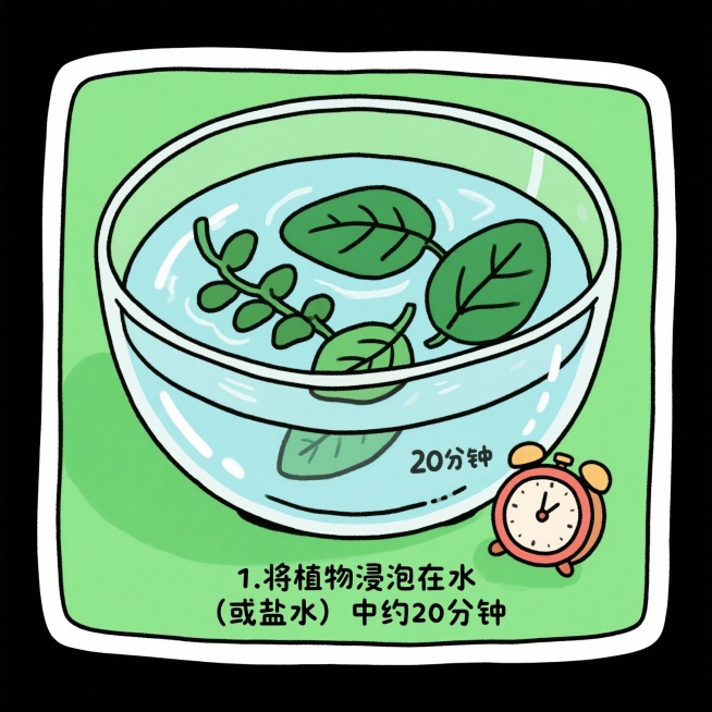1.将植物浸泡在水（或盐水）中约20分钟
2.拿出浸泡好的植物擦干，摆在需要拓染的纸上
3.用胶带将植物固定在纸上
4.用橡胶锤均匀敲打
5.取下胶带晾干作品，每一步生成一张图预览效果