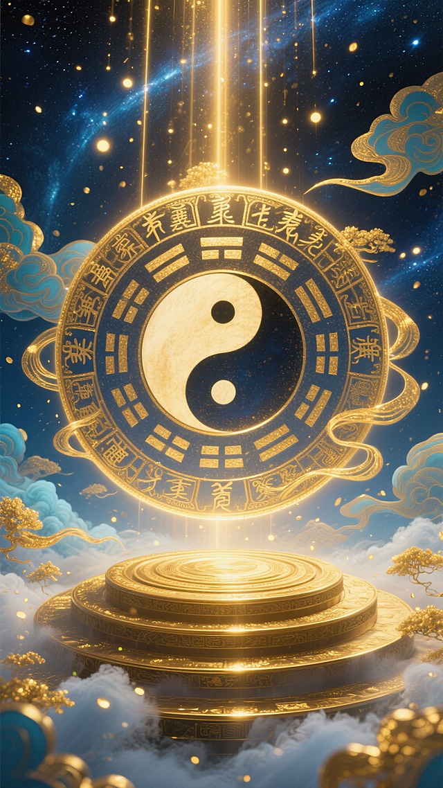 神秘东方玄幻风格的八卦背景，金色与深蓝交织的宇宙星空，中央是巨大的阴阳太极图，太极图外圈环绕着繁复的古老符文，符文边缘有流动的金色光纹，太极图下方是多层同心圆的金色阶梯状平台，平台边缘有云雾缭绕，无数金色的光点和光束从上方垂直洒落，背景中漂浮着金色与青色的飘逸云纹，整体画面呈现出强烈的神圣感与神秘感，光影对比鲜明，细节丰富，具有浓厚的东方神秘主义色彩和宇宙浩渺的意境。