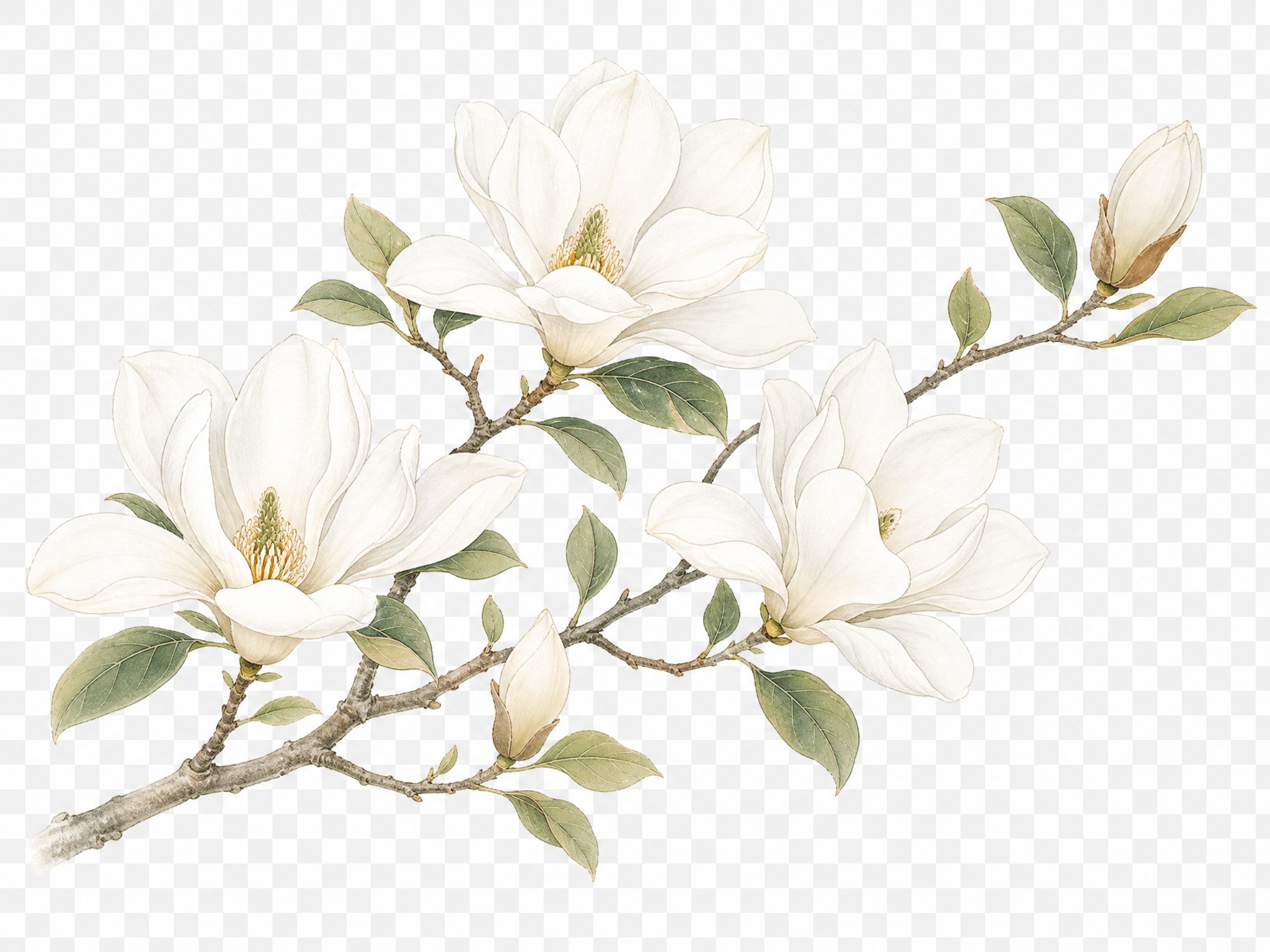白色玉兰花花枝装饰素材，数朵盛开的白色玉兰花，带绿色枝叶，中国… - 图片创意预览