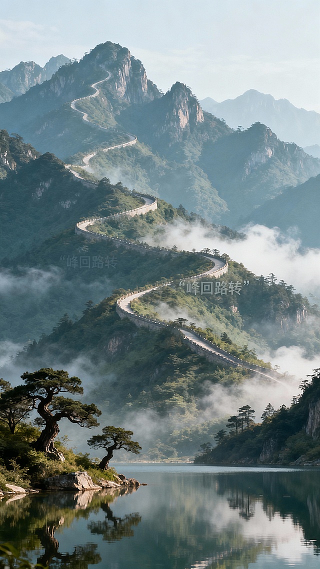 古风优美干净的描写"峰回路转"的山水画，实景，电影感