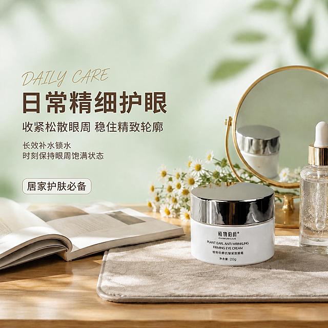 修改这张图片中的文字 保持产品 背景 构图 光影 所有视觉元素完全不变 只修改文字内容 将文案中的滋养 塑形等违禁词全部替换 具体修改如下 主标题 日常精细护眼 保持不变 副标题 收紧松散眼周 稳住精致轮廓 保持不变 第三行 长效补水锁水 保持不变 第四行 时刻保持眼周饱满状态 保持不变 底部标签 居家护肤必备 保持不变 左上角英文 DAILY CARE 保持不变 确保所有文字位置 字体 颜色 大小与原图完全一致 产品外观与原图绝对一致 无任何变形色差