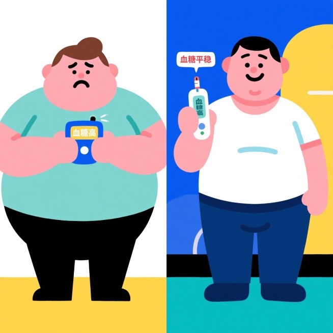 左侧画面：一个肥胖的患者，手持血糖仪，屏幕显示“血糖高”，表情略显担忧，背景简洁；右侧画面：同一患者身形变瘦，手持血糖仪，屏幕显示“血糖平稳”，面带微笑，整体色调明亮，左右对比鲜明，扁平插画风格预览效果