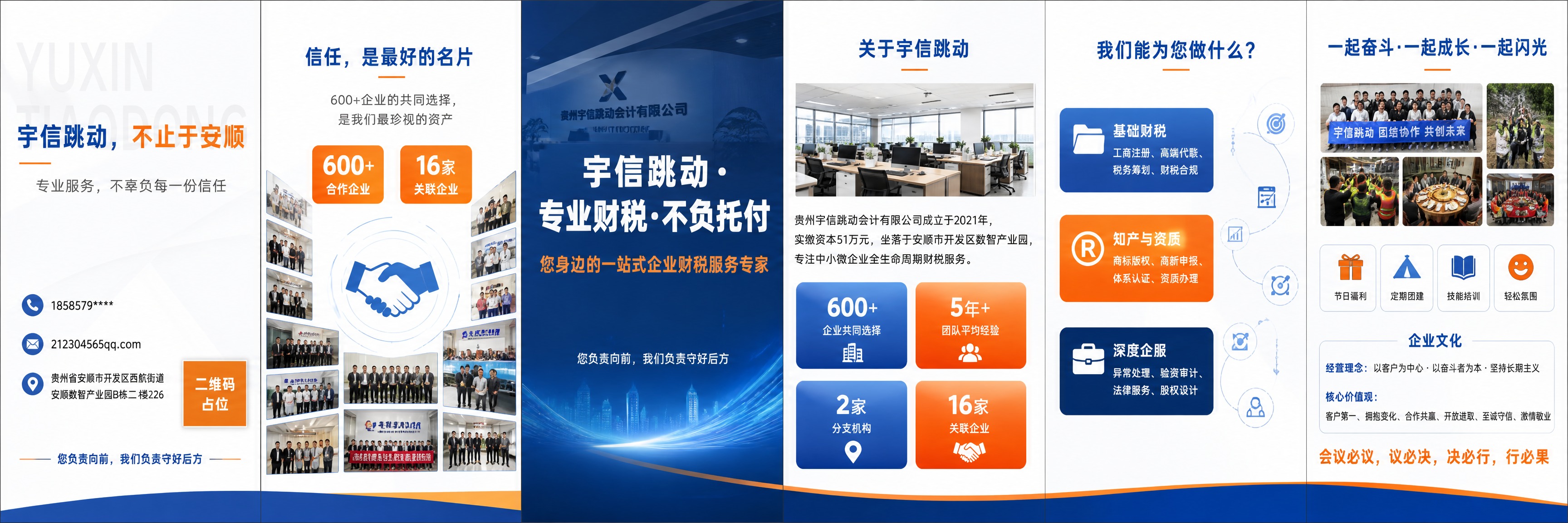 一张企业三折页宣传册展开全景图，横版超宽幅面，分为6个等宽版面… - 图片创意预览