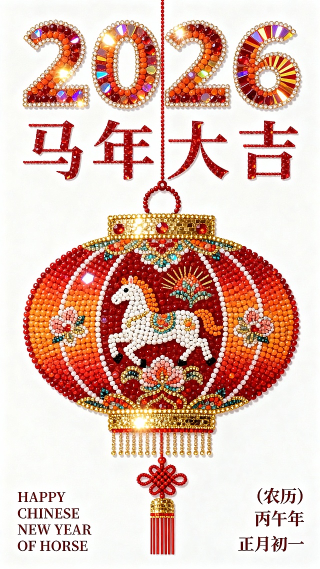 国潮风刺绣风格，重拟物设计，极繁主义呈现，红金主色，珠绣灯笼与马年元素结合，喜庆浓郁，中式民族感十足，农历丙午年春节贺图。