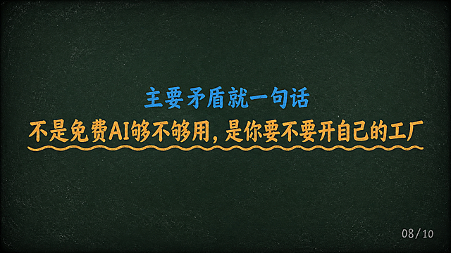PPT横屏16:9页面，深墨绿色#1A2B22背景，四周轻微暗角，表面散落极淡粉笔灰斑点，黑板粉笔风格。居中两行文字，第一行"主要矛盾就一句话"，青蓝色#4FC3F7，36pt；紧接下方核心大字"不是免费AI够不够用，是你要不要开自己的工厂"，粉笔橙色#FFB74D，36pt，加波浪下划线。右下角页码"08/10"，粉笔灰色小字号。黑板粉笔书写质感，文字清晰锐利，波浪下划线明显。