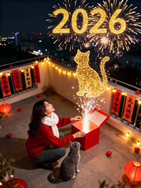 温馨布置的家庭露台（点缀少量红色小灯笼、春联“跨年快乐”"一马当先"“万事如意”“元旦快乐”、暖黄色串灯），一位年轻女孩穿着暖红色新年毛衣白色毛绒围巾。预览效果