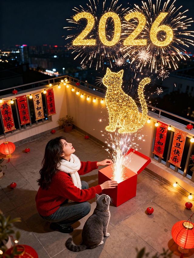 温馨布置的家庭露台（点缀少量红色小灯笼、春联“跨年快乐”"一马当先"“万事如意”“元旦快乐”、暖黄色串灯），一位年轻女孩穿着暖红色新年毛衣白色毛绒围巾。