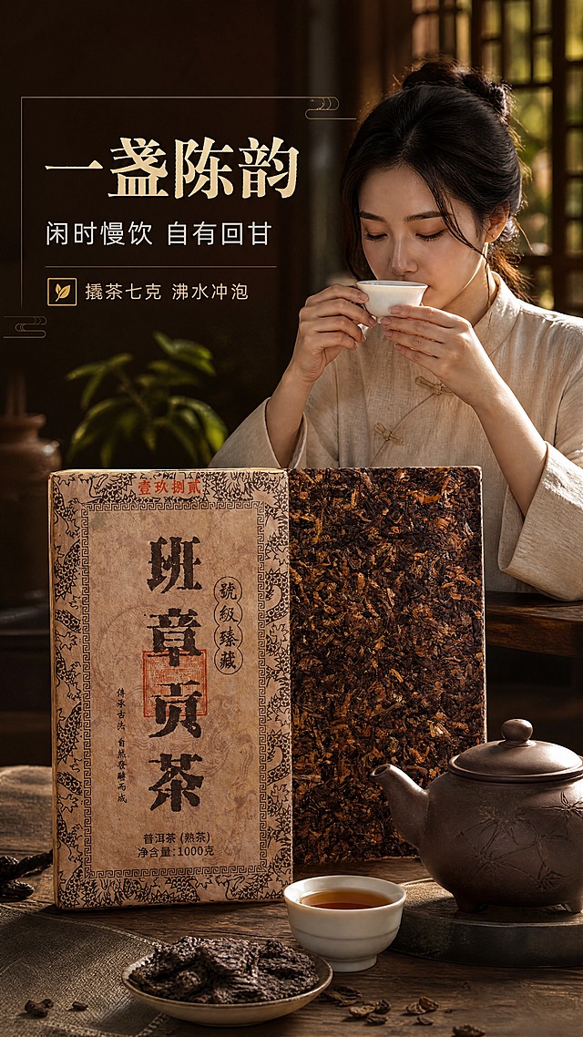 [商品] 使用【图1】班章贡茶的产品包装与茶砖作为茶席上的露出主体，占画面60%至70%，完整保留包装上的龙纹暗纹、"班章贡茶"书法字、"號級臻藏"印记、"普洱茶（熟茶）""净含量：1000克"等全部原有文字与图案，不得替换、改写或新增商品本体文字。
[画面] 目标：营造真实品饮的生活向往。构图骨架：一名亚洲成年女性模特身着素色中式棉麻服饰，坐于木质茶席前，双手捧白瓷茶杯靠近唇边慢饮，神态自然；画面左侧为标题文字区，右上为模特，下方前景为产品茶砖与包装、紫陶壶与散落干茶；后景虚化木质窗棂、绿植与暖色斜光；景别半身中景。
[视觉] 套系策略：风格=中式高端茶文化商业摄影，古雅厚重暗调暖光；标题字=庄重书法感衬线体；正文字=简洁黑体；主色=深棕褐；背景延展=基于深棕褐做深浅层级与宣纸、棉麻织物纹理；强调色=暖金，仅用于小面积图标、引线与标签；标题色=米金白；正文色=暖浅灰；组件=细线边框、方形印章式标签；光影=右后方暖调侧逆光，人物轮廓光，茶汤透光。
[文字] 主标题"一盏陈韵"，必须单行横向从左到右排列，严禁竖排、严禁单字竖向堆叠、严禁旋转或斜排；副标题"闲时慢饮 自有回甘"同为横向单行；1个信息点"撬茶七克 沸水冲泡"横向排列；文字均置于左侧留白区，不遮挡人物面部、产品与包装文字。
[规格] 图片比例9:16竖版，4K，避免竖排文字、单字竖列、斜排文字、变形、错字、文字过小、二维码、水印、平台Logo、绝对化用语、欧美面孔、冷蓝冷灰背景、改变包装文字与产品颜色。