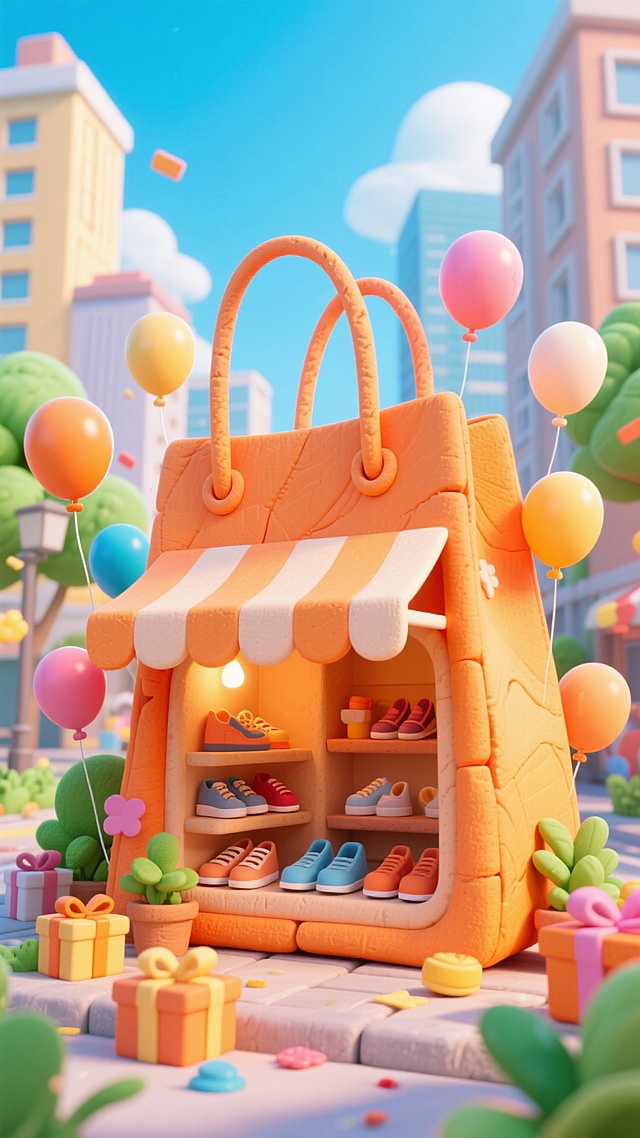 软3D风卡通场景，购物袋化身童趣小店，搭配气球与礼盒，营造梦幻喜庆氛围，充满可爱与趣味感。