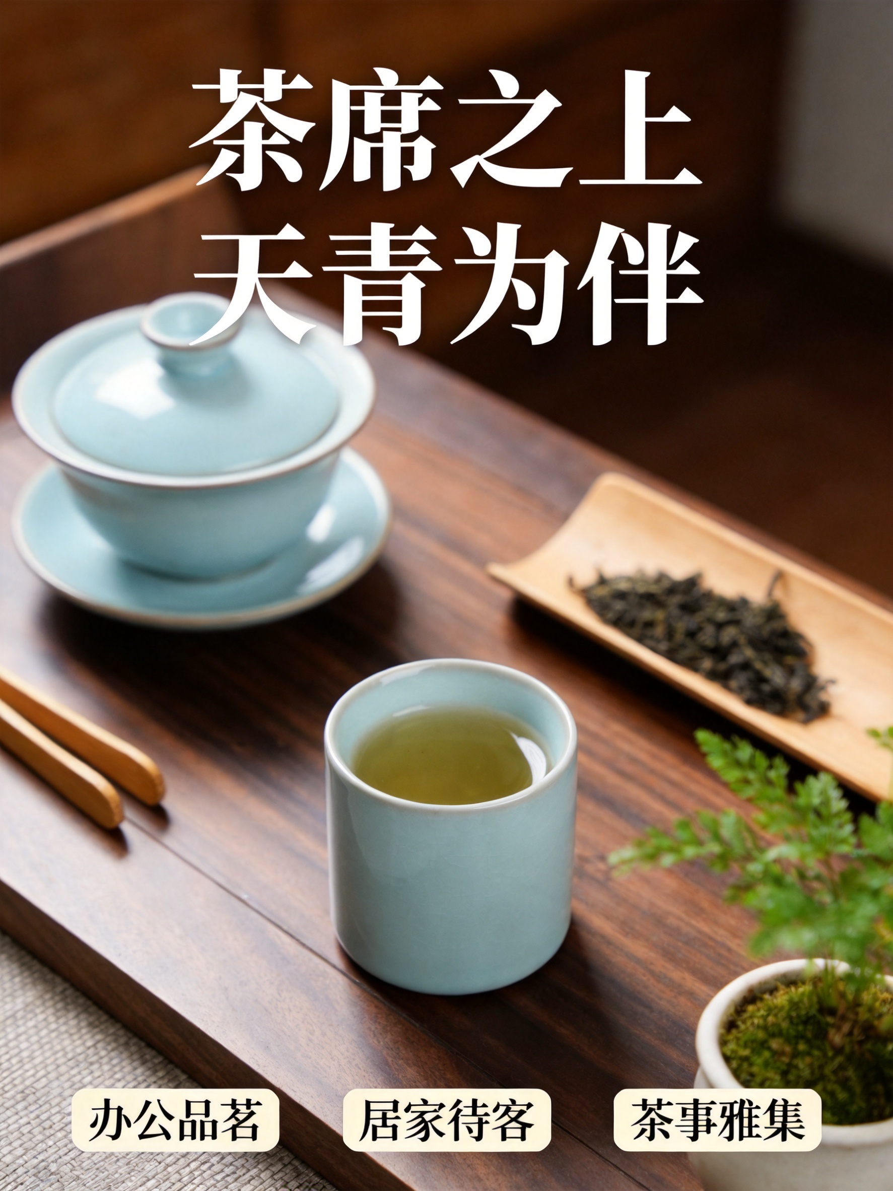 汝窑天青釉直筒主人杯茶席场景图，750x1000px竖版3:4… - 图片创意预览