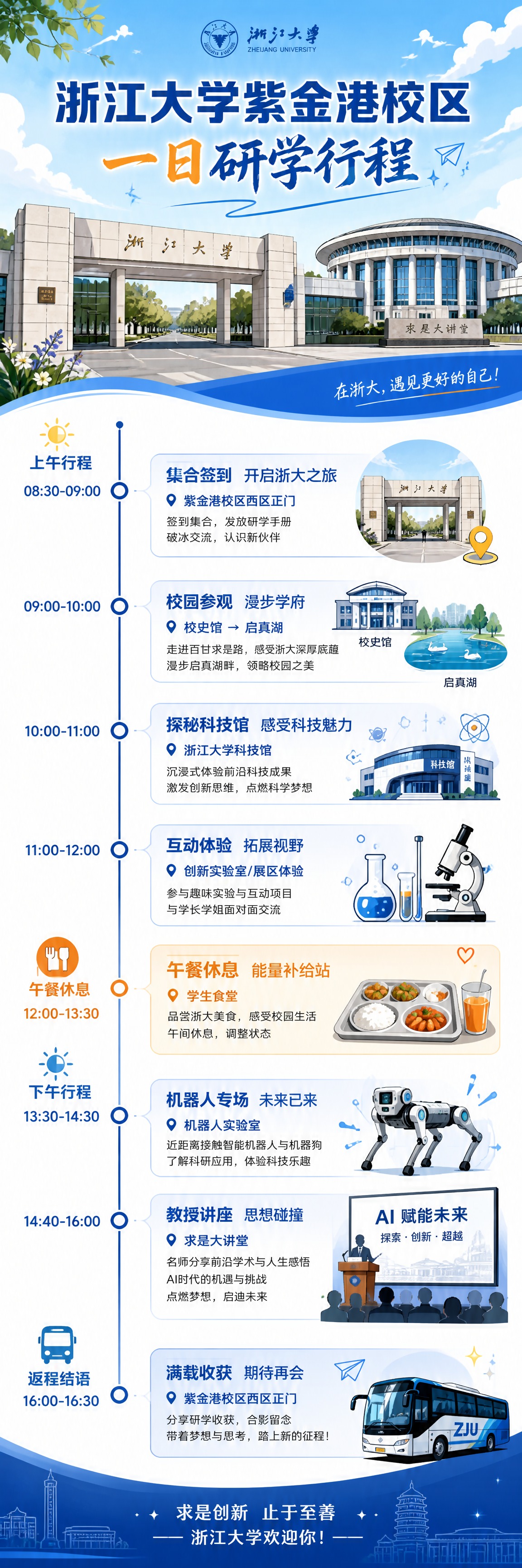 一张适合手机浏览的竖版长图海报，主题为"浙江大学紫金港校区一日… - 图片创意预览