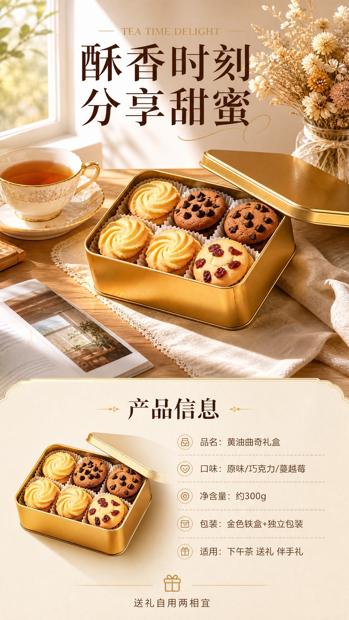 [商品] 使用【图1】黄油曲奇饼干铁礼盒；保留金色方形铁盒造型… - 图片创意预览