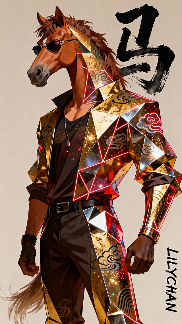 未来感与中式元素融合，拟人化马头角色身披low poly风格金属铠甲，霓虹灯勾勒线条，鎏金纹理与云纹刺绣交织，展现科技与传统碰撞的酷炫奢华。