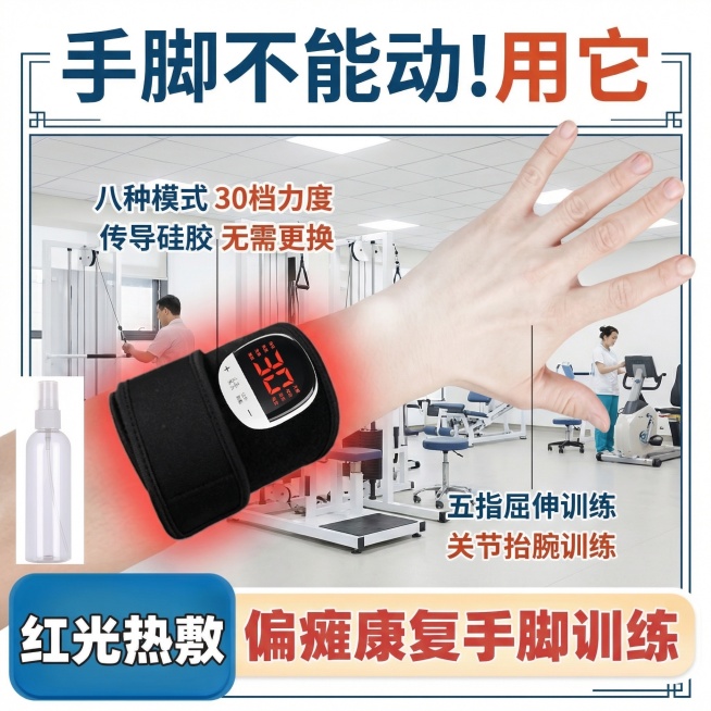 保留康复训练产品主体不变，模特手部改为手腕向上抬起的动作，模特皮肤自然增白，背景替换为带有康复器材的康复中心场景，保留原有的全部卖点文字内容，调整文字颜色为深蓝+橙红配色，更换为简约线条装饰框架，整体预览效果