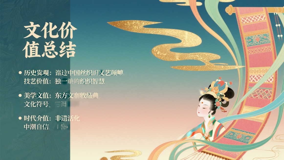 PPT页面设计，标题“文化价值总结”，内容：历史价值：见证中国丝织技艺巅峰；技艺价值：独一无二的织造智慧；美学价值：东方雅致典范；文化价值：民族文化符号；时代价值：非遗活化，国潮自信。国潮风格，清晰分预览效果