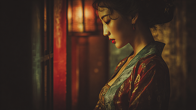 Real film photo of a graceful ancient Chinese lady, wearing a gorgeous thin shirt, with a fiery figure, extreme waist-to-hip ratio, alluring and charming, traditional ancient Chinese style, cinematic film grain, soft warm ambient lighting, detailed and realistic facial features