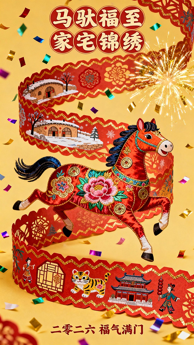 复古民俗风格，一条由多层红色剪纸拼接而成的花边长带（饰有金色锯齿纹、飘洒彩色纸屑）呈回纹形盘绕；长带镂空处呈现陕北窑洞、东北雪乡、闽南土楼等地域新年场景，穿插着窗花、布老虎、糖葫芦、皮影戏元素，一匹由五彩缎面拼贴的福马，周身装饰牡丹与铜钱纹样，欢腾跳跃。暖黄色背景，有炸开的金色纸屑烟花，顶部以胖娃娃体书写“马驮福至 家宅锦绣”，字形圆润饱满如年画，充满喜庆拙趣。底部落款“二零二六 福气满门”。