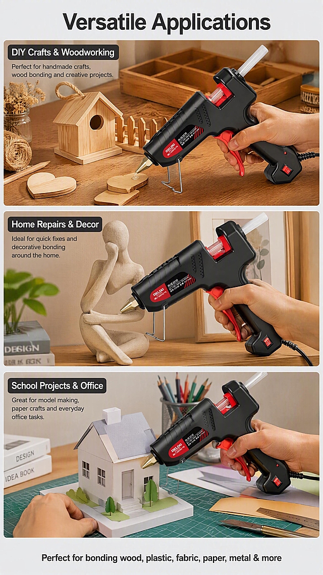 [第3张] Application scenarios page for DELIXI 150W Industrial Hot Melt Glue Gun Amazon detail page. This image uses [image1] as the product subject, keeping product appearance consistent.

[Atmosphere/Style] Lifestyle + practical application style, warm realistic scenes, commercial photography, showing versatility of the tool.

[Element Layout] The page is divided into three horizontal scene panels stacked vertically, each showing a different application scenario with the glue gun being used. Top panel: DIY crafts scene - hands using the glue gun on wood craft pieces on a wooden workbench, craft supplies around. Middle panel: Home repair scene - glue gun being used to fix a decorative item on a shelf, home interior background. Bottom panel: School/office project scene - hands working on a paper model project. Each panel has a small scene label in the corner. The DELIXI glue gun appears in each panel with consistent black and red design. Background of the overall page is light gray (#F0F2F5) with soft dividers between panels.

[Lighting/Texture] Warm natural lighting in each scene panel, soft shadows, realistic textures of wood, paper, fabric. Product has clear highlights on the black surface and red trigger.

[Color Palette] Global page background #F0F2F5 light gray; each scene panel has its own warm tones (wood brown, home beige, craft white); product black with red accents stands out in each scene; dark gray text.

[View/Composition] Three horizontal panels stacked vertically, each panel is a mini scene. Vertical reading flow from top to bottom showing different use cases.

[Text Layout] All text in English, clean sans-serif. Top of page main title: "Versatile Applications" in bold dark gray. Each panel has a small label in upper-left corner: Top panel "DIY Crafts & Woodworking", Middle panel "Home Repairs & Decor", Bottom panel "School Projects & Office". Small descriptive text below each label. Bottom of page: "Perfect for bonding wood, plastic, fabric, paper, metal & more". Text is clear and does not obscure the product.

[Negative Prompt] deformed glue gun, Chinese characters, watermark, blurry scenes, product color wrong, text too small, messy composition, unrealistic scenes.