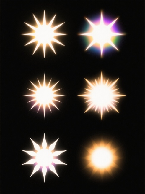 黑色背景上，六个不同样式、不同风格的太阳光以整齐的矩阵排列，每个太阳都散发着明亮的光芒，带有柔和的彩色光晕，整体呈现出简洁而现代的设计感，画面干净利落，光线效果柔和且富有层次感，营造出一种温暖而明亮的视觉氛围。预览效果
