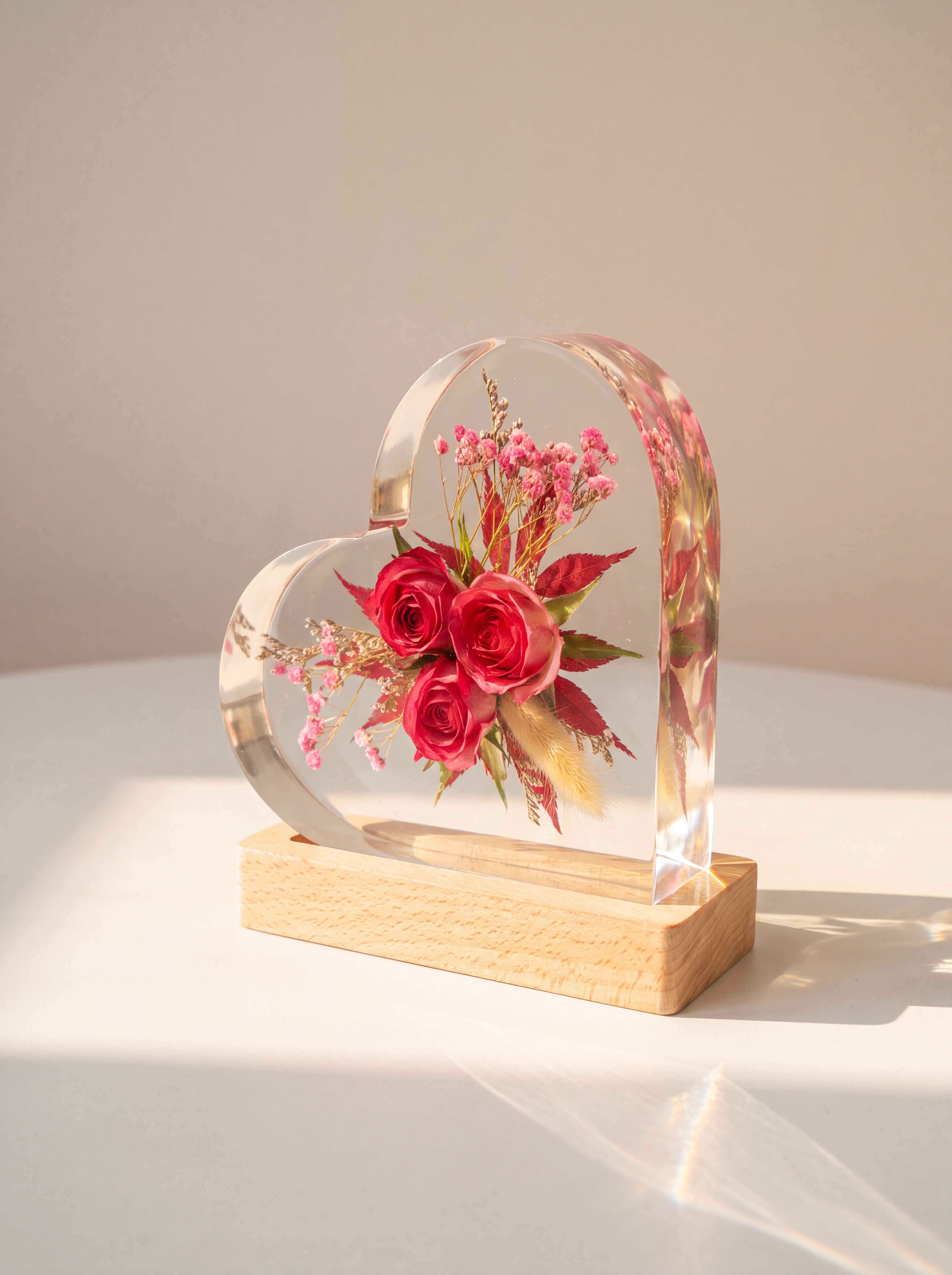 产品为心形树脂干花摆件，包含心形透明树脂块和原木底座，干花为三… - 图片创意预览