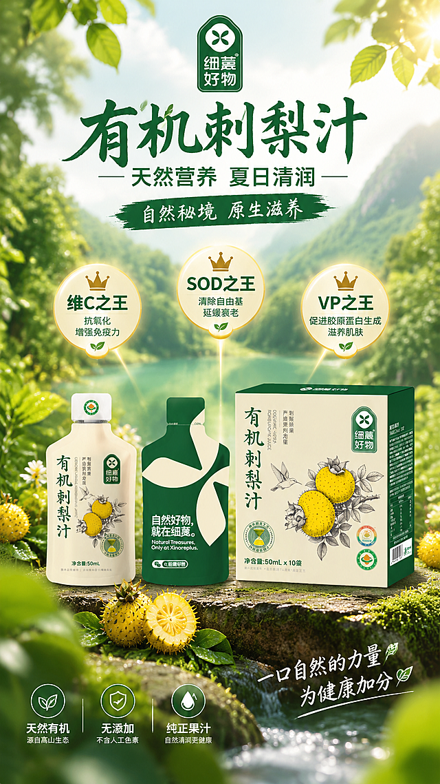 写实商业摄影风格，有机刺梨汁功效宣传海报，整体青绿金黄色调，营造夏天清幽秘境的自然氛围。画面中心放置有机刺梨汁产品（含袋装与盒装组合），产品100%还原上传商品图的外形、包装、LOGO、印刷文字、净含量，完整保留原图中的袋型/盒型、轮廓、结构、比例、标签版式、品牌logo、容量信息、材质质感、颜色与正面朝向，包装配色与产品结构均与上传图保持一致。卖点信息呈中心向四周放射分布排版。主标题文字"有机刺梨汁"，副标题文字"天然营养 夏日清润"，装饰文字"自然秘境 原生滋养"，三个核心卖点："维C之王"、"SOD之王"、"VP之王"，辅助补充抗氧化、清润滋养功效。背景为朦胧清幽的山林绿意，点缀虚化枝叶光斑，前景虚化绿叶增加景深。整体版式精美，层级分明，主次清晰，文字清晰可读，色调清新自然，契合天然营养主题，超高清画质。画面中所有信息区域必须填充完整合理的内容，不得出现空白框、空白占位。