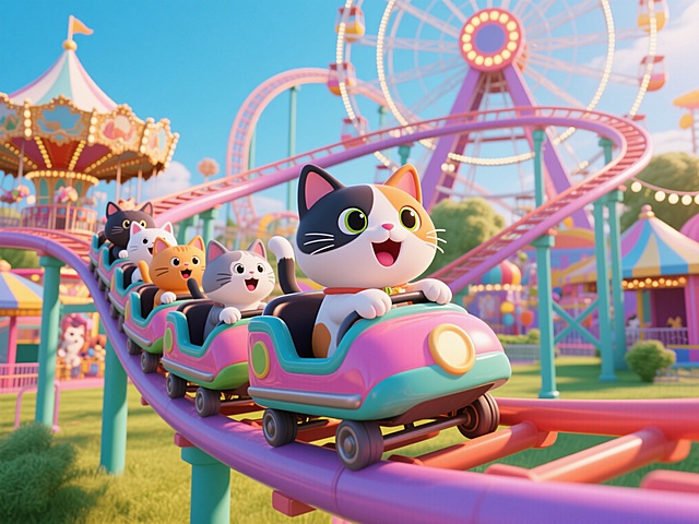 3D卡通风格，可爱的三花猫咪作为主角，在色彩鲜艳明亮的游乐场中，和一群不同颜色的猫咪们一起乘坐过山车，过山车轨道蜿蜒曲折，背景有旋转木马和摩天轮，猫咪们表情兴奋，画面充满欢乐氛围，高饱和度色彩，细节丰富，光线明亮
