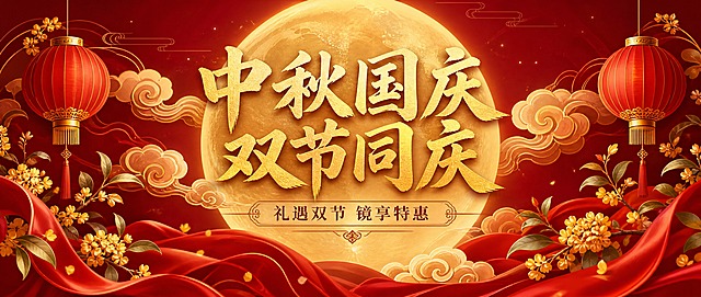 中秋国庆双节同庆公众号封面，国风新中式风格。画面中央一轮金色圆月，周围环绕祥云纹样，左右两侧悬挂红色灯笼，底部有飘逸的红色绸带和桂花枝点缀。主标题大字居中："中秋国庆 双节同庆"，副标题小字在下方："礼遇双节 镜享特惠"。整体采用红金配色，深红色渐变背景，金色文字和装饰元素，画面干净有层次感，光影柔和，氛围喜庆温馨。超高清2K分辨率，无杂色，无logo，无二维码，无活动时间，版式精美，适合微信公众号封面使用。画面中必须完整呈现以下文字信息："中秋国庆 双节同庆"、"礼遇双节 镜享特惠"。画面中所有数字必须精确渲染，不得出现错位、遗漏或编造的数字。