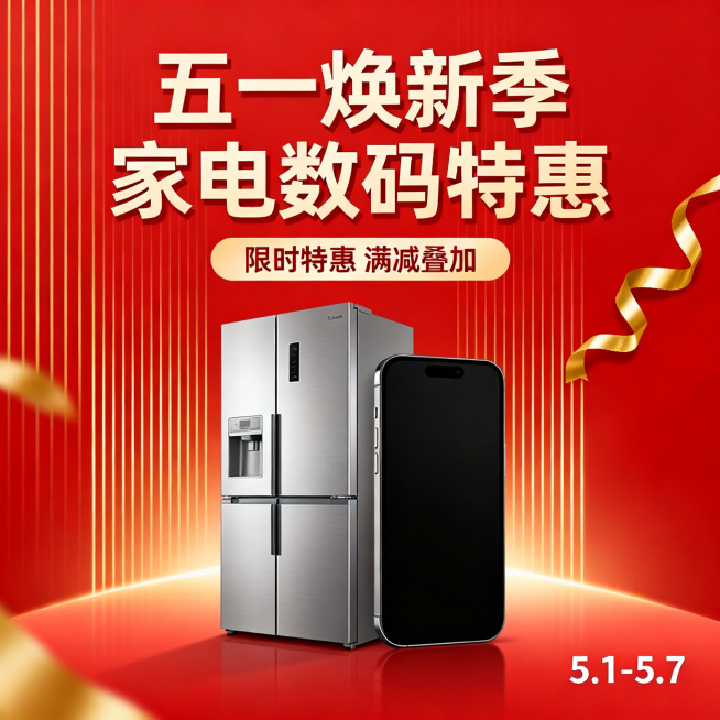 51劳动节电商促销海报，画面中同时展示电冰箱和智能手机产品，整体风格喜庆活力，背景搭配红色渐变和金色装饰，添加主文案“五一焕新季 家电数码特惠”，营造节日促销氛围，适合电商平台宣传推广预览效果