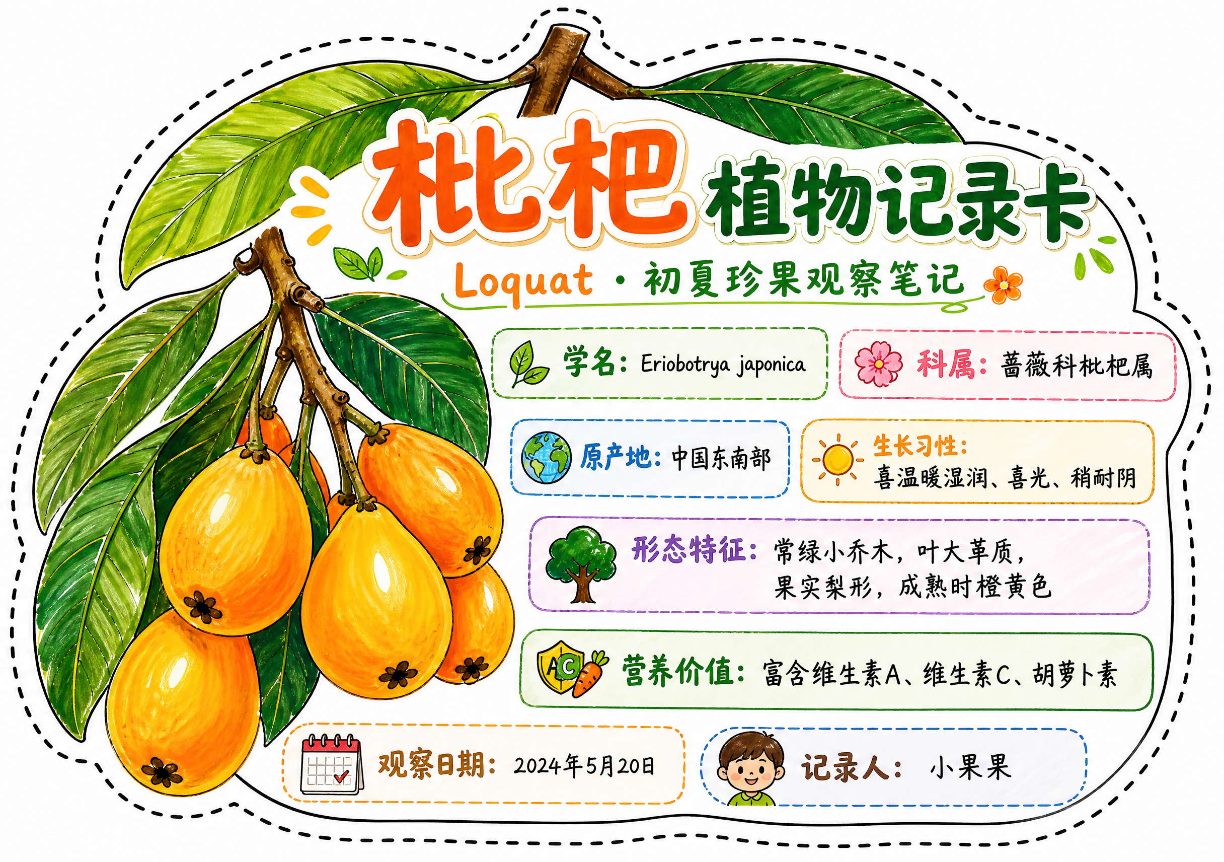 一张枇杷异形植物记录卡，整体为枇杷轮廓造型（一串枇杷造型），沿… - 图片创意预览