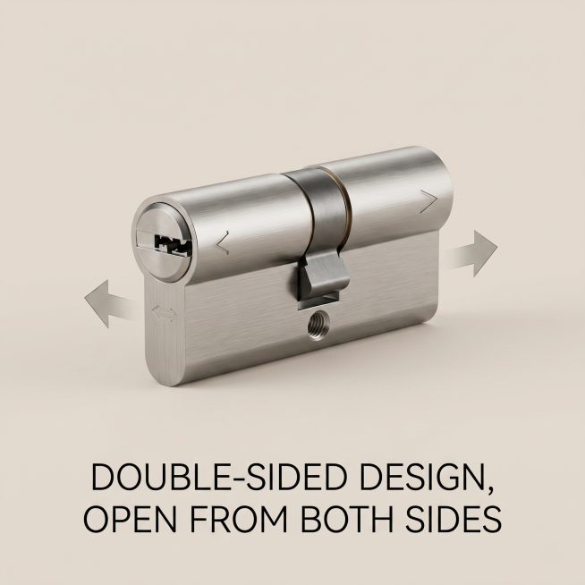 锁芯卖点宣传图，文案"Double-sided Design, Open from Both Sides"，简约风格，1:1方形构图，展示双向锁芯结构，浅色背景，英文文案无中文预览效果