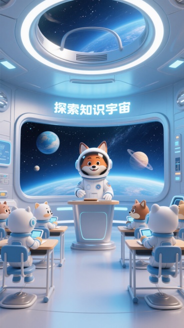 3D科幻卡通风格的太空舱教室场景，狐狸宇航员教师站在讲台上，穿着白色宇航服，戴着头盔，表情亲切，周围是穿着同款宇航服的小动物学生们，他们坐在悬浮的课桌椅上，手中拿着未来感的学习设备，背景是浩瀚的星空和预览效果