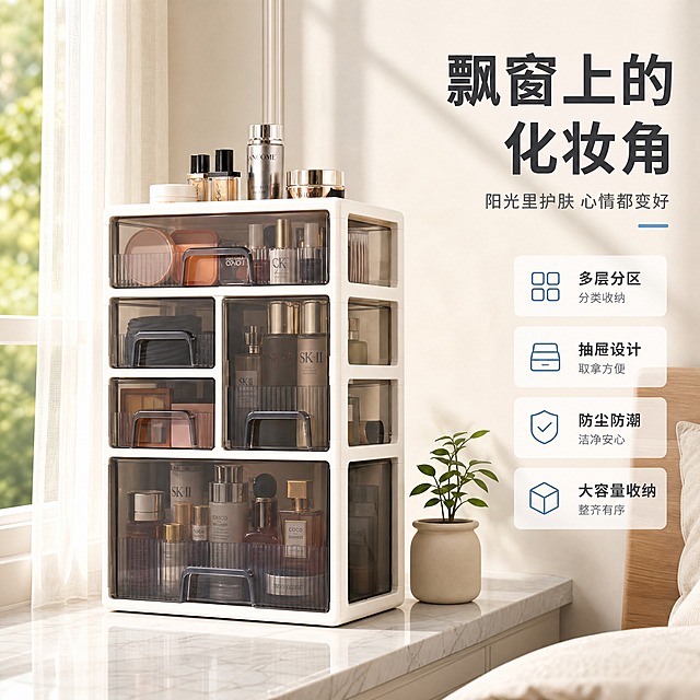 [主图-场景2] 卧室飘窗台面场景 展示化妆品收纳柜在飘窗台面的使用效果
[统一基调] 整体风格干净明亮 暖白浅灰家居质感 专业品质感 标题字色为深灰近黑 辅助字色为中灰 强调色为雾霾蓝 字体为无衬线粗体 字号层级分明 卡片为浅圆角半透明白底 图标为线性简约风格
[画面] 产品为白色框架+烟灰色透明抽屉的多层抽屉式化妆品收纳柜 外观结构颜色与输入图完全一致 放置在卧室飘窗的白色大理石台面上 收纳柜内整齐摆放护肤品 彩妆 香水等 顶台上放几瓶常用化妆品 飘窗旁有浅色纱帘 阳光从窗外柔和洒入 背景是温馨的卧室墙面 旁边有一小盆绿植点缀 整体氛围温馨舒适 产品占画面约60% 正面微侧30度视角 右侧留出负空间放文字
[光影质感] 商业摄影质感 柔和自然窗边光 阳光从侧面照射 产品有温暖的光影 透明抽屉有通透感 底部有自然接触阴影 整体温暖明亮
[配色] 背景暖白+浅木色 产品白+烟灰透明 文字深灰 强调雾霾蓝 整体温馨治愈
[文字版式] 右上角主标题大字「飘窗上的化妆角」 副标题小字「阳光里护肤 心情都变好」 文字不遮挡产品主体 放在负空间
[输出要求] 比例1:1 2K分辨率 文字清晰可读 产品清晰不变形 无错字 无杂乱背景 无水印 无平台Logo