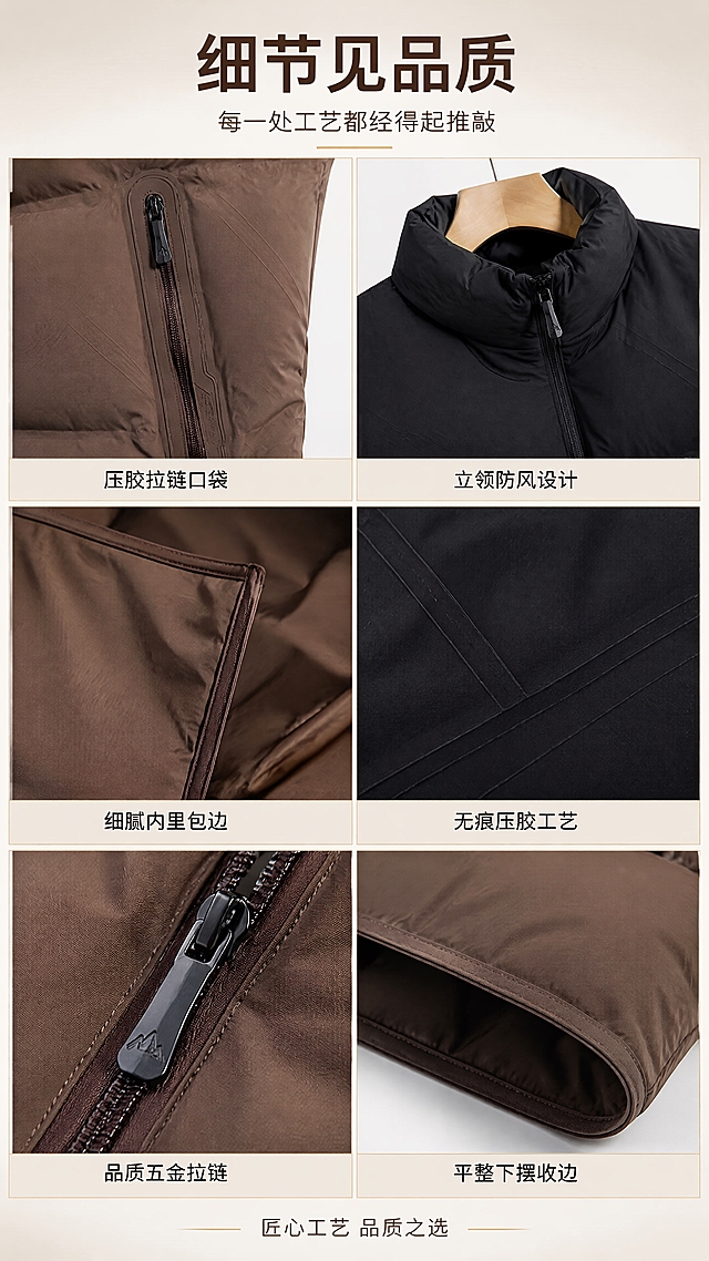 [第7张] 细节工艺展示页-压胶口袋+立领+内里等细节宫格。本张使用【图9】双色内里挂拍图、【图7】咖色挂拍图，展示各部位细节。
[氛围/风格] 精致工艺细节风，高级质感，微距+近景组合，突出做工精良。
[元素布局] 采用2×3宫格布局，共6个细节特写：①咖色款压胶拉链口袋特写 ②黑色款立领领口细节 ③咖色款内里包边工艺 ④黑色款压胶线条微距 ⑤拉链头五金细节 ⑥袖口/下摆包边细节；每个宫格下方有简短标注；顶部有标题区，背景为米灰色渐变，宫格间有细金线分隔。
[光影质感] 每个细节特写均采用侧光+微距拍摄，突出材质肌理与工艺精度；压胶边缘平整无毛边，拉链五金有金属光泽，面料纹理清晰；整体光线均匀柔和，细节锐利。
[配色色系] 全局底色 #F5F2EE（米灰暖调）；主色 咖色#8B6F5C + 黑色#1A1A1A；辅助色 深棕、米白、银灰；点缀色 金色分隔线。
[视角构图] 宫格式布局，阅读动线上标题 → 中6宫格细节 → 下总结语；每个宫格为局部近景/微距视角，细节饱满。
[文字版式] 顶部主标题「细节见品质」，副标题「每一处工艺都经得起推敲」；6个宫格下方分别标注：「压胶拉链口袋」「立领防风设计」「细腻内里包边」「无痕压胶工艺」「品质五金拉链」「平整下摆收边」；底部小字「匠心工艺 品质之选」；字体为无衬线黑体，深棕色主标题加粗，标注文字清晰可读。
[比例分辨率] 9:16 竖版比例，4K分辨率，文字清晰可辨，高清画质。
[负向提示词] 细节模糊，颜色偏差，压胶线条毛糙，文字错乱，文字过小，水印，宫格变形。